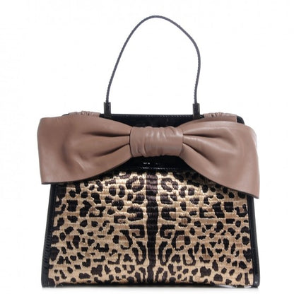 Valentino Garavani Patent Raffia Leopard Print Medium Aphrodite Bow Satchel Black 1 of 8