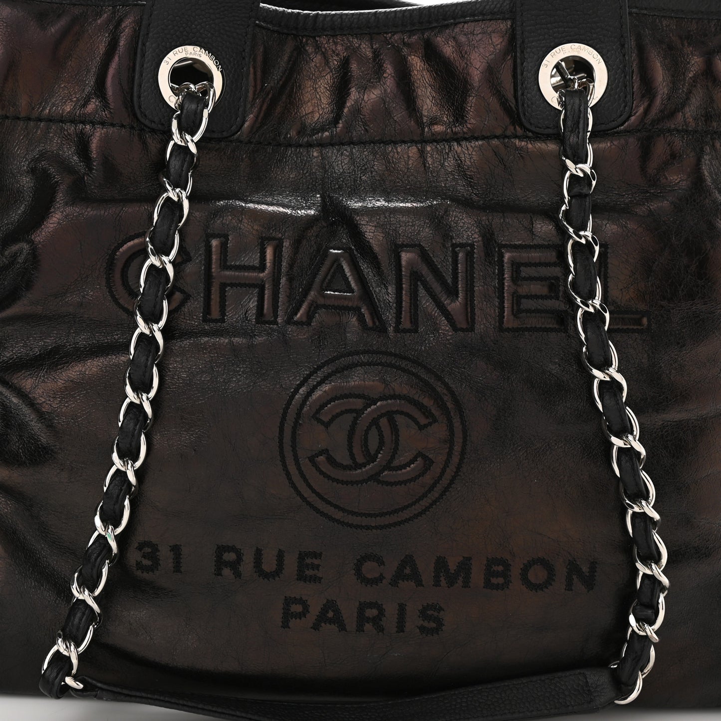 Glazed Calfskin Large Deauville Tote Black