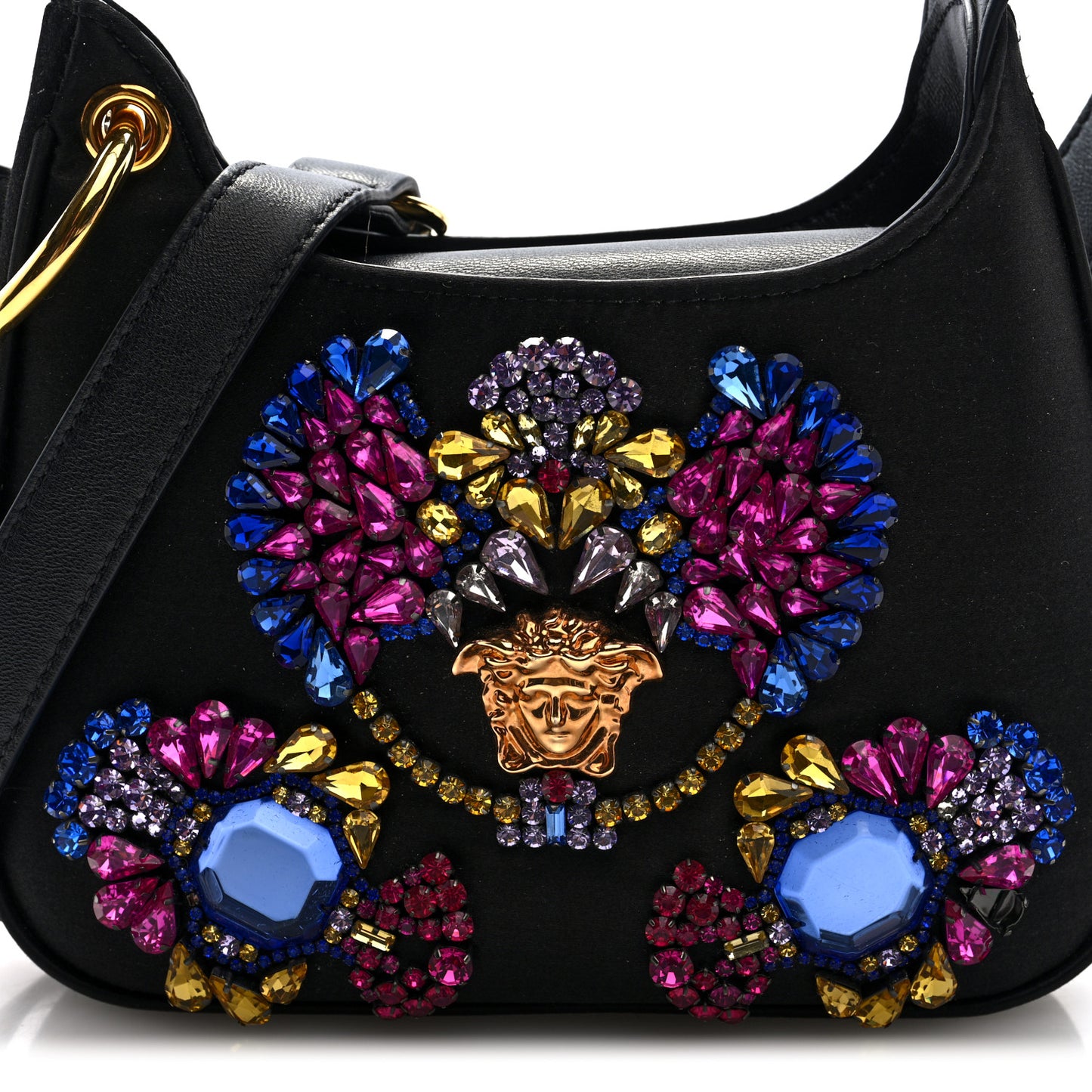 Satin Crystal Embellished La Medusa Mini Hobo Bag Black Multicolor