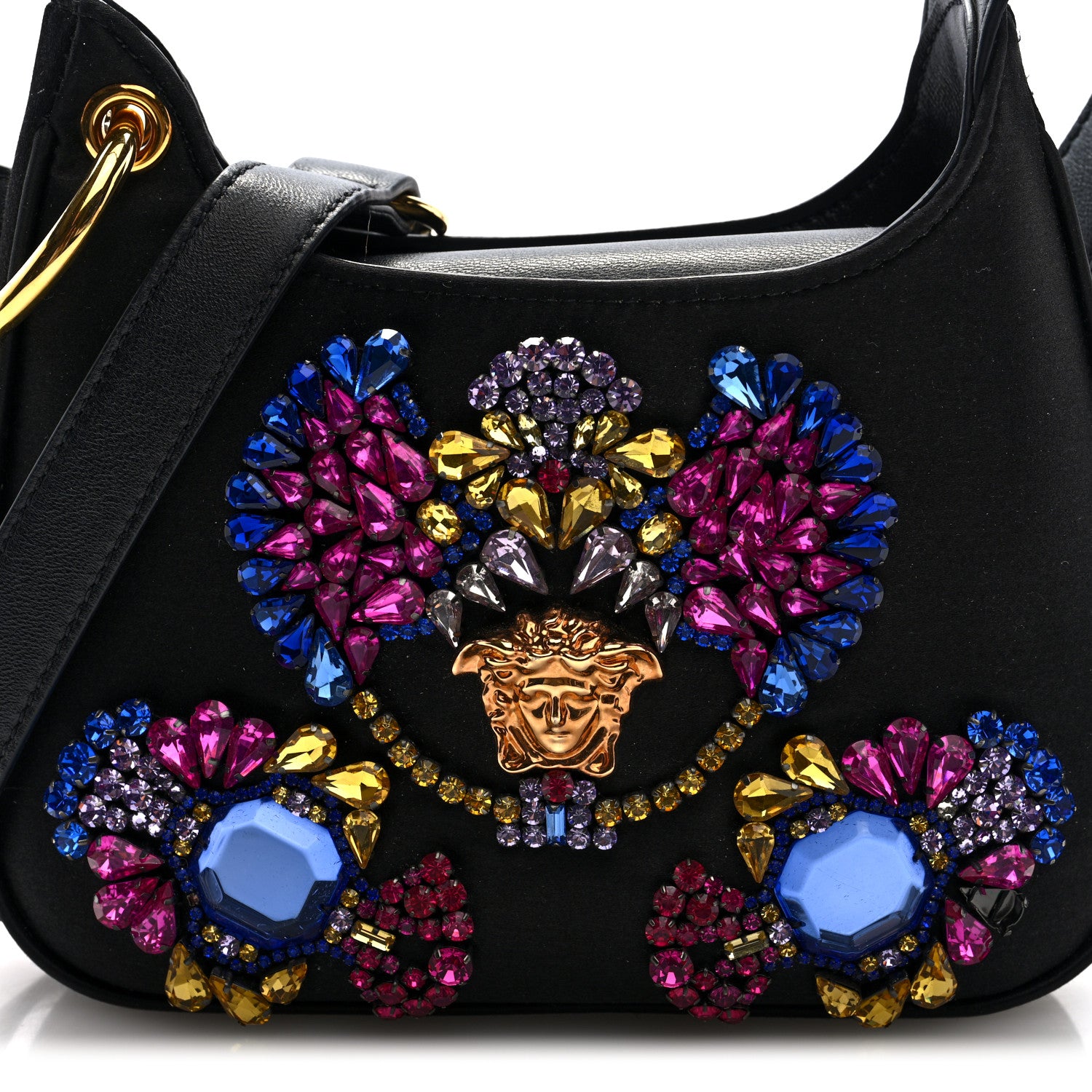 Versace Satin Crystal Embellished La Medusa Mini Hobo Bag Black Multicolor 7 of 9