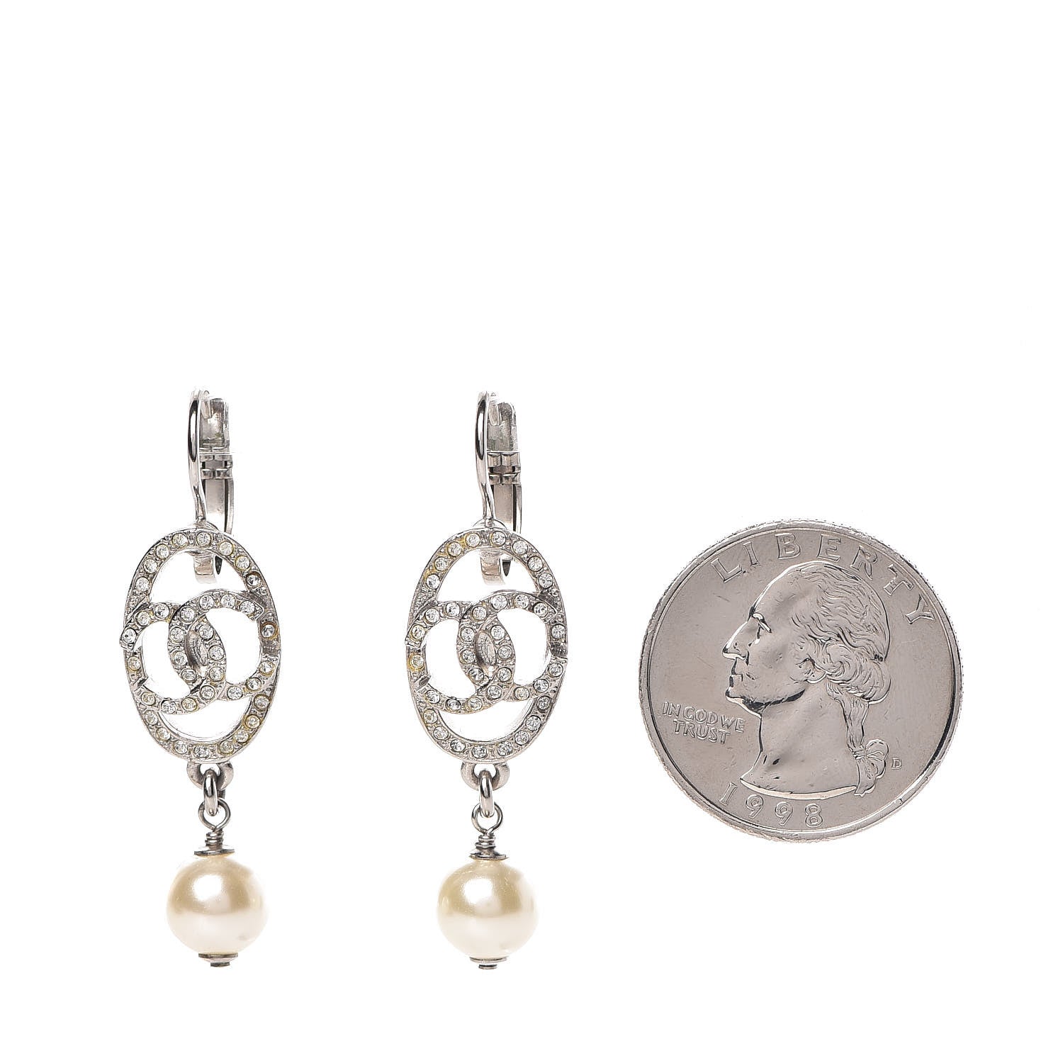 Chanel Crystal Pearl CC Drop Earrings Silver 2 of 5