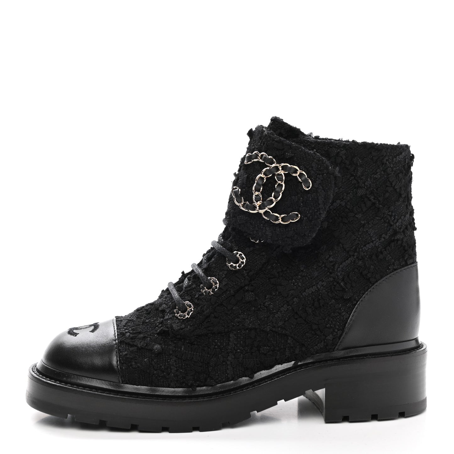Tweed Lambskin Quilted Lace Up Combat Boots 37.5 Black