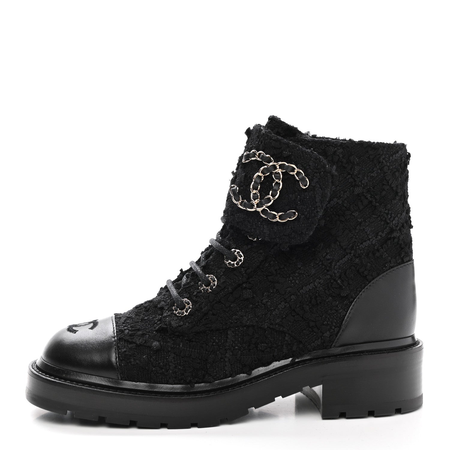 Chanel Tweed Lambskin Quilted Lace Up Combat Boots 37.5 Black 1 of 9