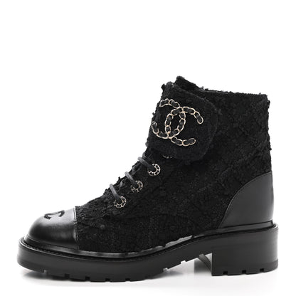 Chanel Tweed Lambskin Quilted Lace Up Combat Boots 37.5 Black 1 of 9