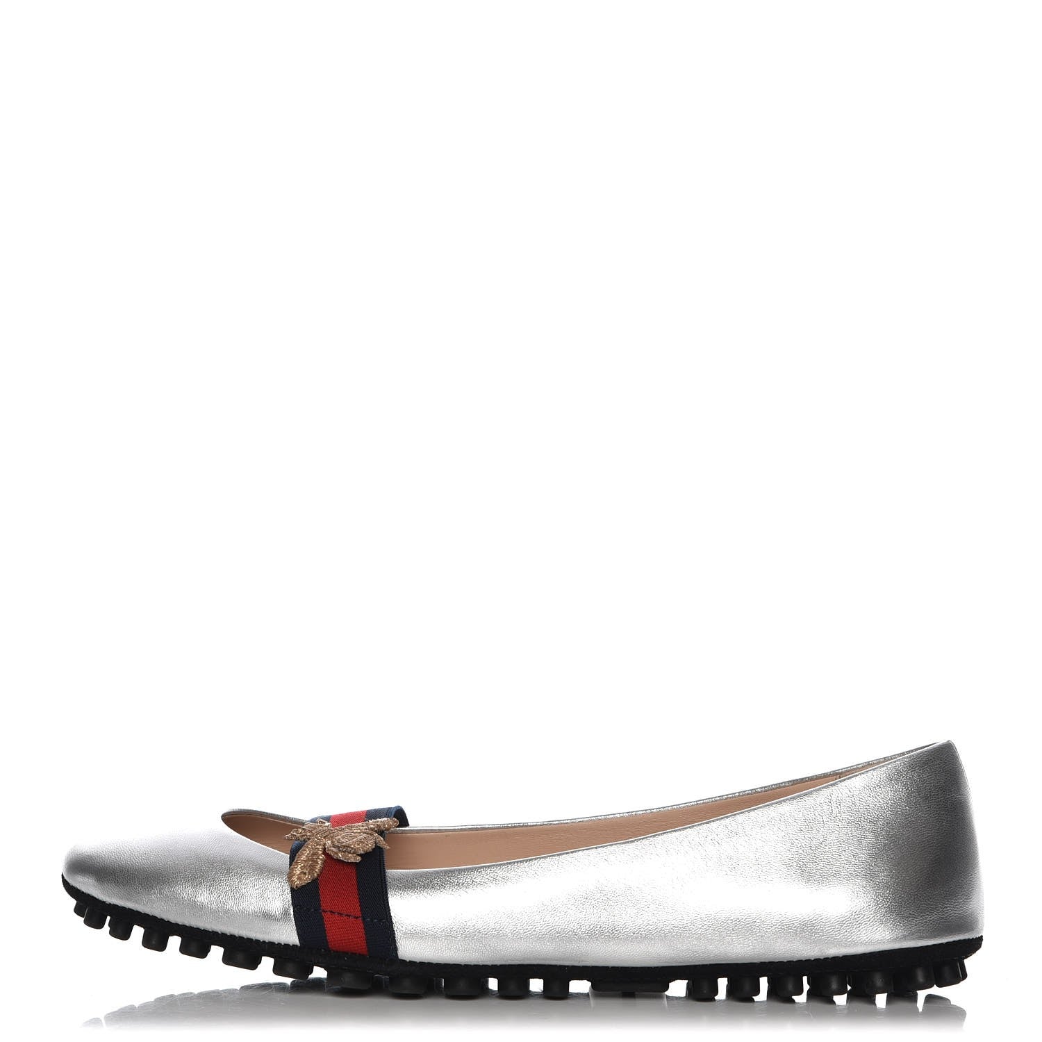 Gucci Metallic Nappa Web Bayadere Ballerina Flats 37.5 Argento 1 of 9
