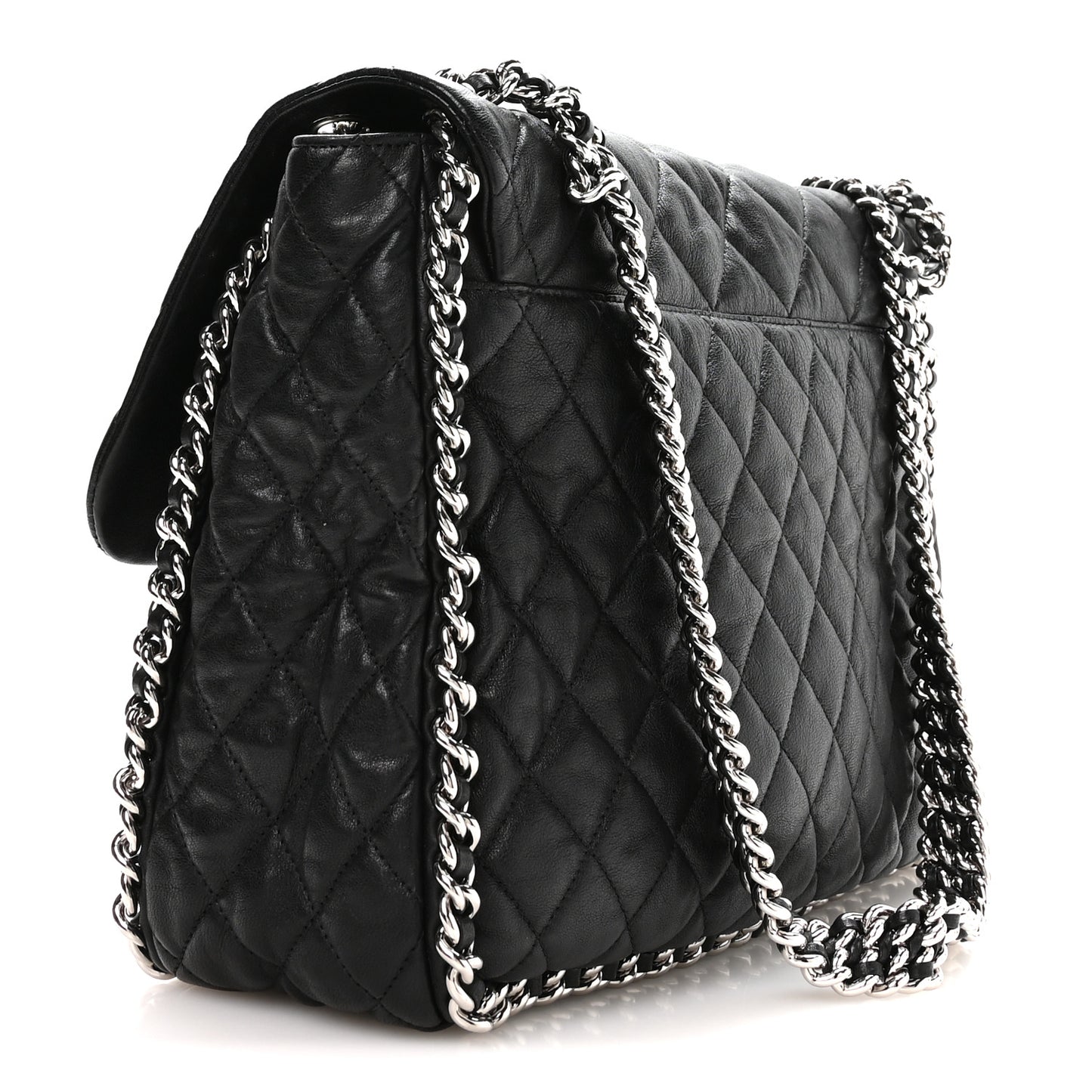 Washed Lambskin Quilted Maxi Chain Around Flap Black