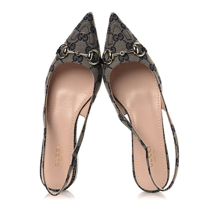 Gucci Monogram Horsebit Womens Slingback Ballet Flat 37.5 Beige Blue 2 of 11