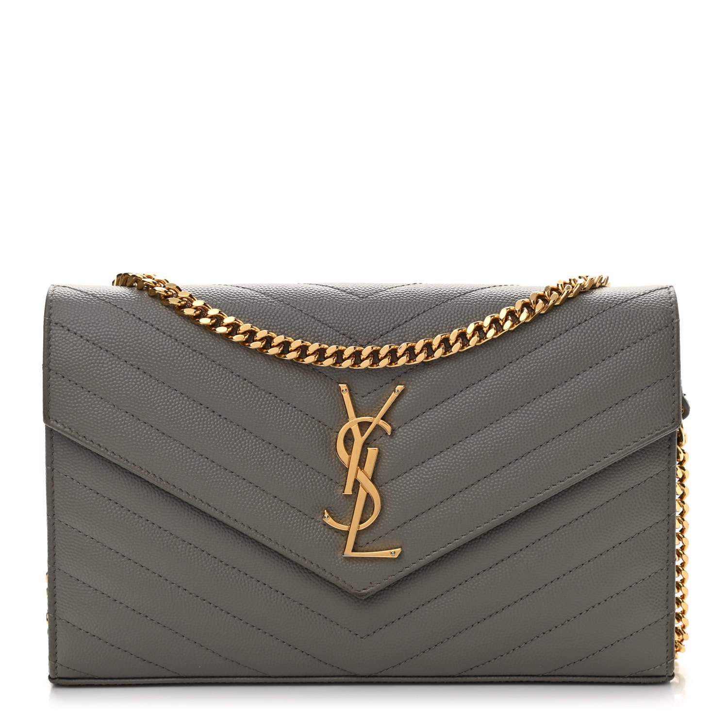 Saint Laurent Grain De Poudre Matelasse Chevron Monogram Chain Wallet Oyster Grey 1 of 9