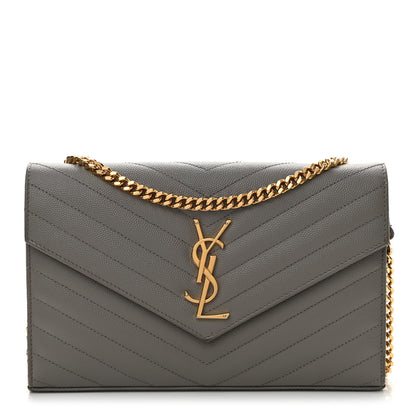 Saint Laurent Grain De Poudre Matelasse Chevron Monogram Chain Wallet Oyster Grey 1 of 9