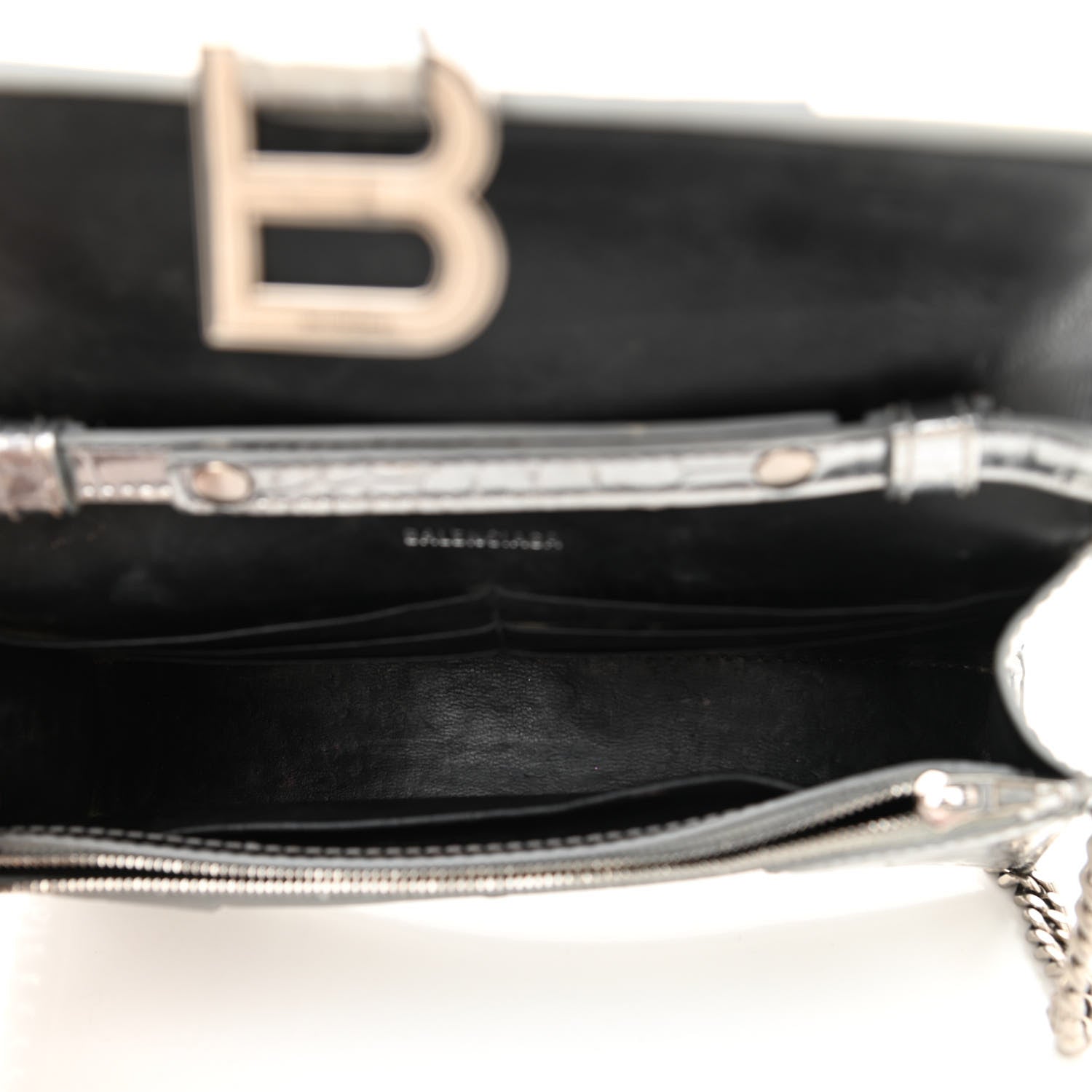 Balenciaga Metallic Calfskin Crocodile Embossed Hourglass Chain Bag Silver 5 of 12