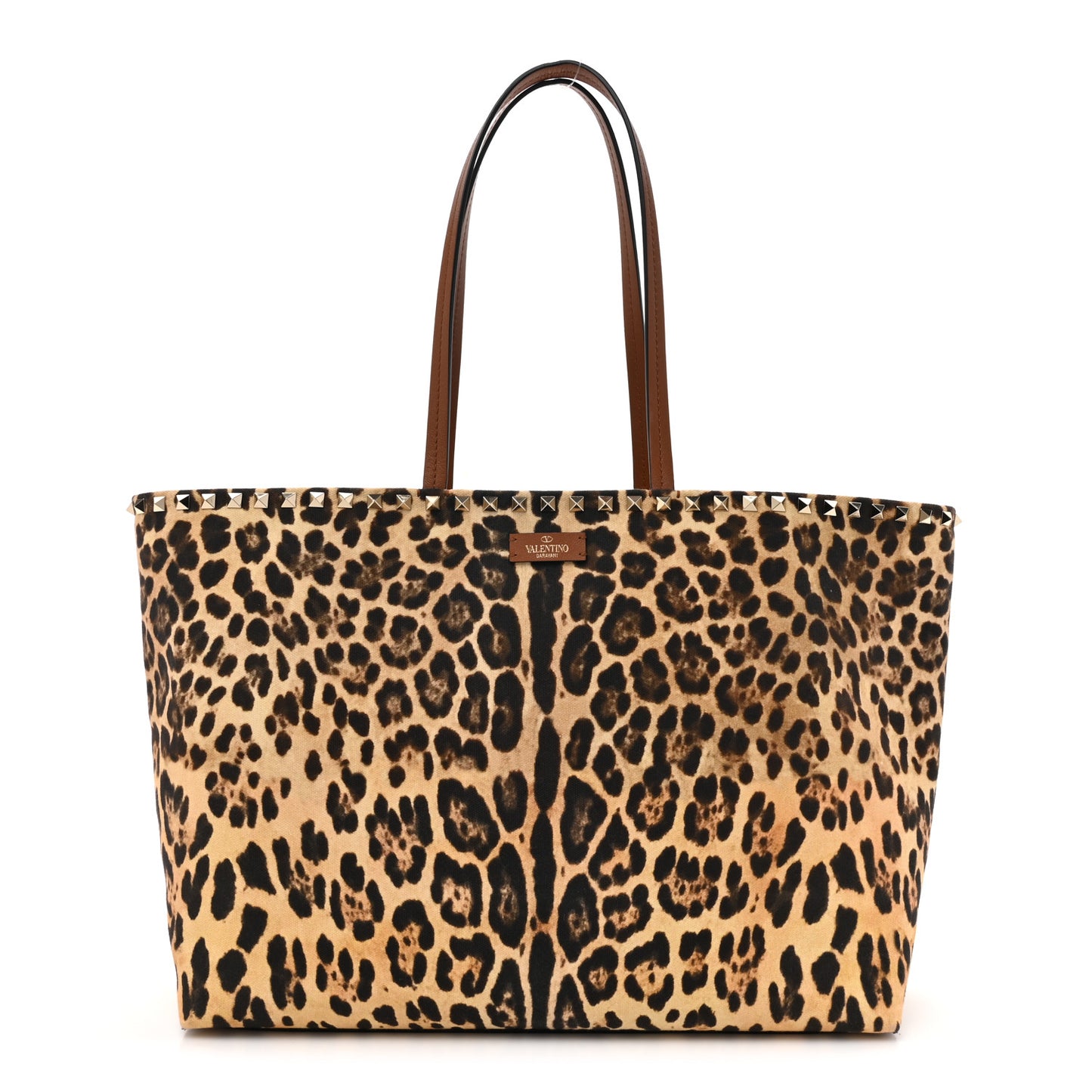Canvas Nappa Leopard Print Rockstud Tote Brown