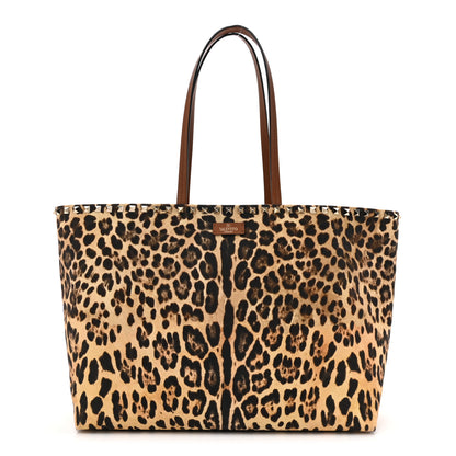 Valentino Garavani Canvas Nappa Leopard Print Rockstud Tote Brown 1 of 13
