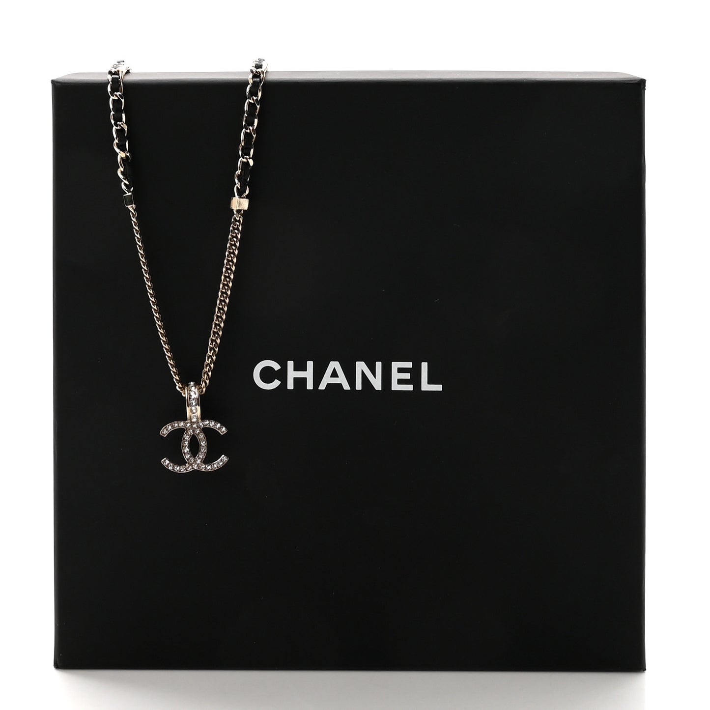 Lambskin Crystal CC Chain Pendant Necklace Black Gold