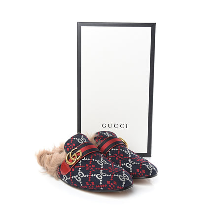 Gucci Canvas GG Monogram Diamond Fur Web GG Mens Princetown Slippers 7.5 Midnight Blue Hibiscus Red 9 of 9