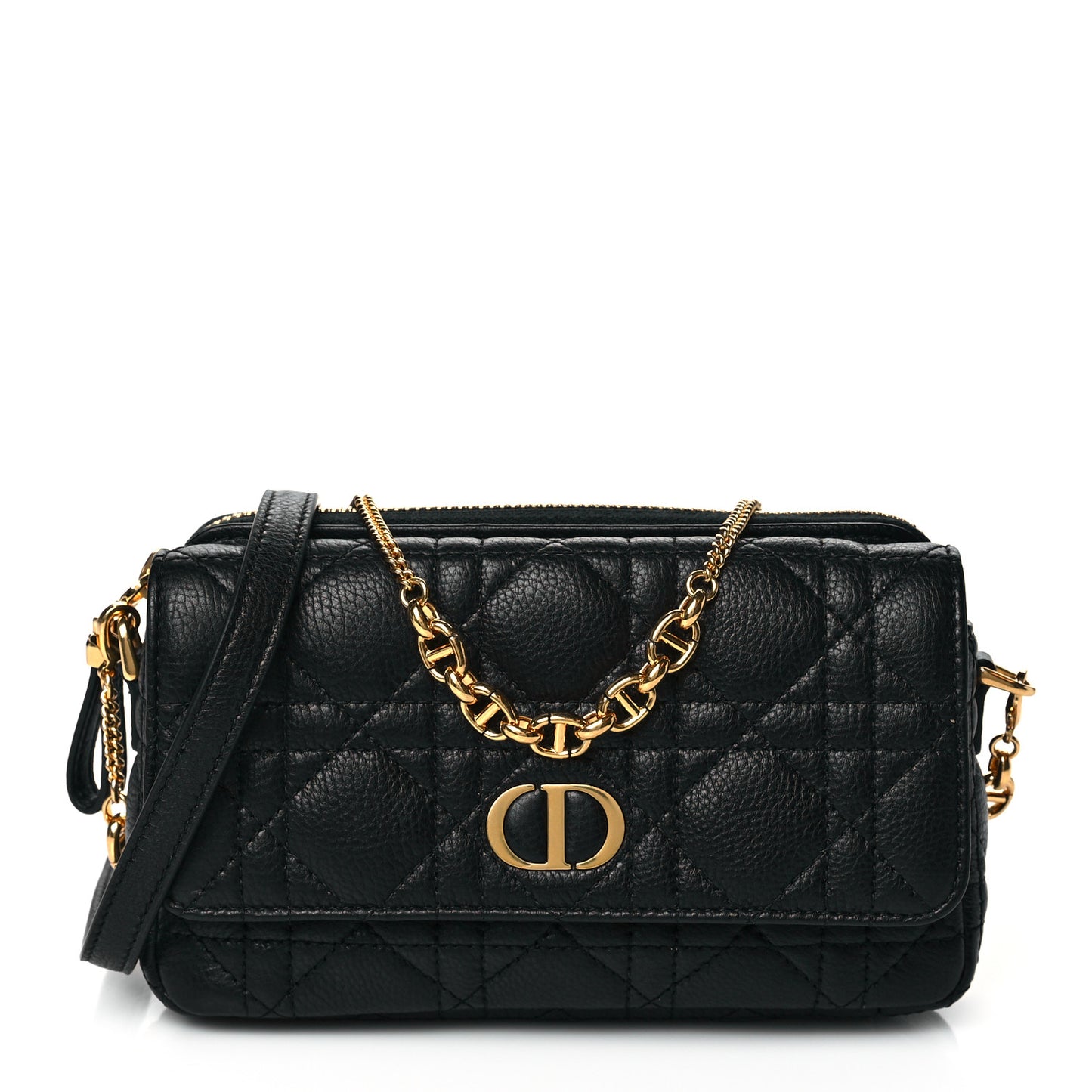 Supple Calfskin Cannage Caro Pouch with Chain Black