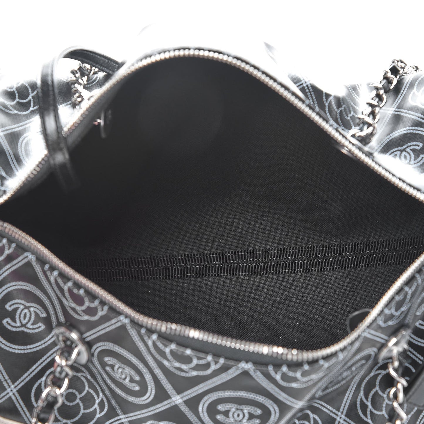 Coated Canvas Camellia Printed Calfskin Bowling Bag Black Beige