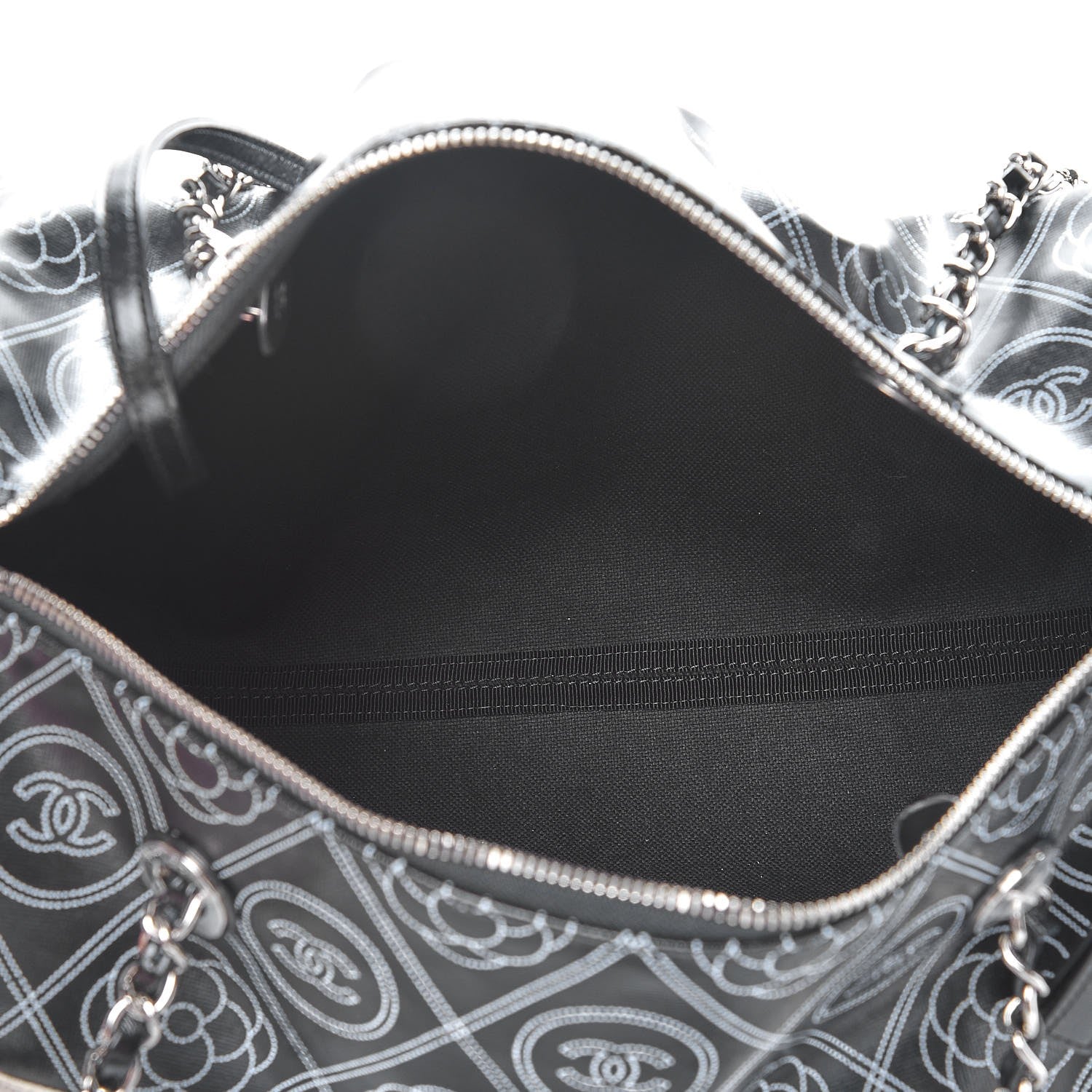 Chanel Coated Canvas Camellia Printed Calfskin Bowling Bag Black Beige 6 of 8