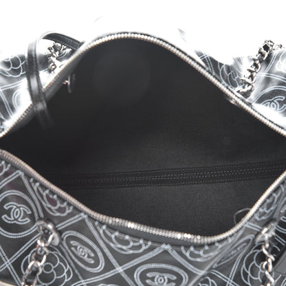 Chanel Coated Canvas Camellia Printed Calfskin Bowling Bag Black Beige 6 of 8