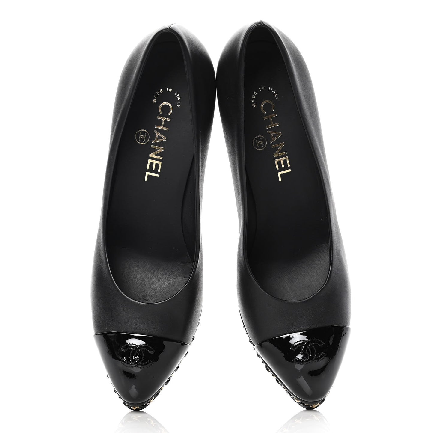 Calfskin Patent Cap Toe Chain Pumps 38.5 Black