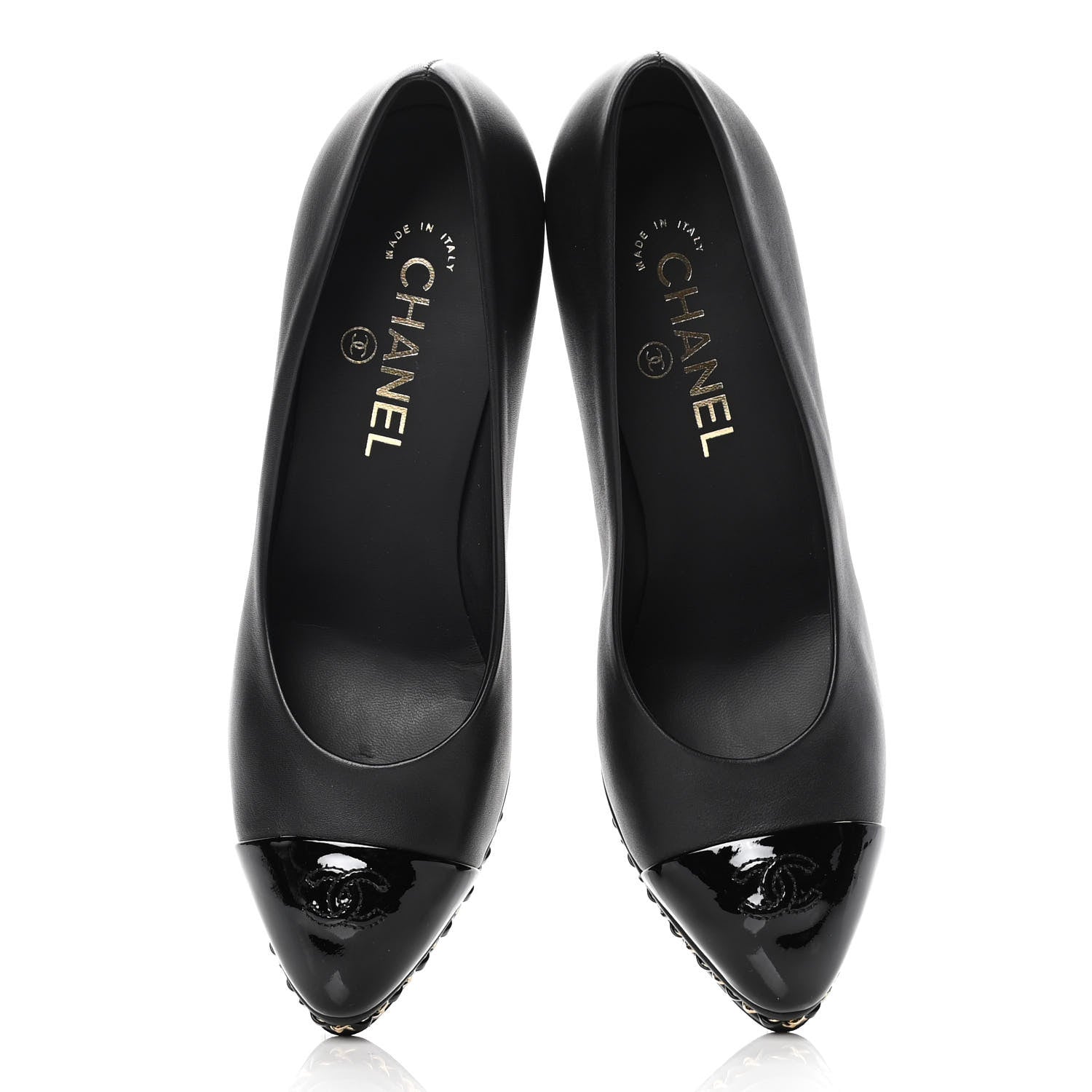 Chanel Calfskin Patent Cap Toe Chain Pumps 38.5 Black 5 of 12