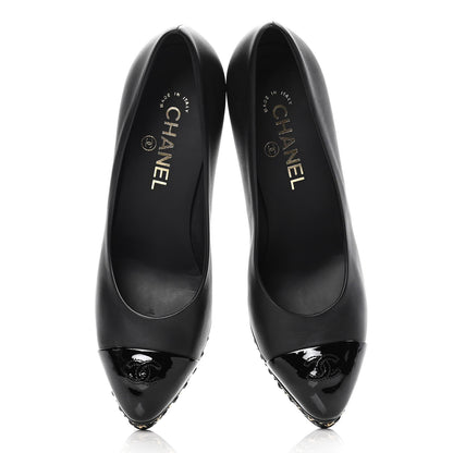 Chanel Calfskin Patent Cap Toe Chain Pumps 38.5 Black 5 of 12