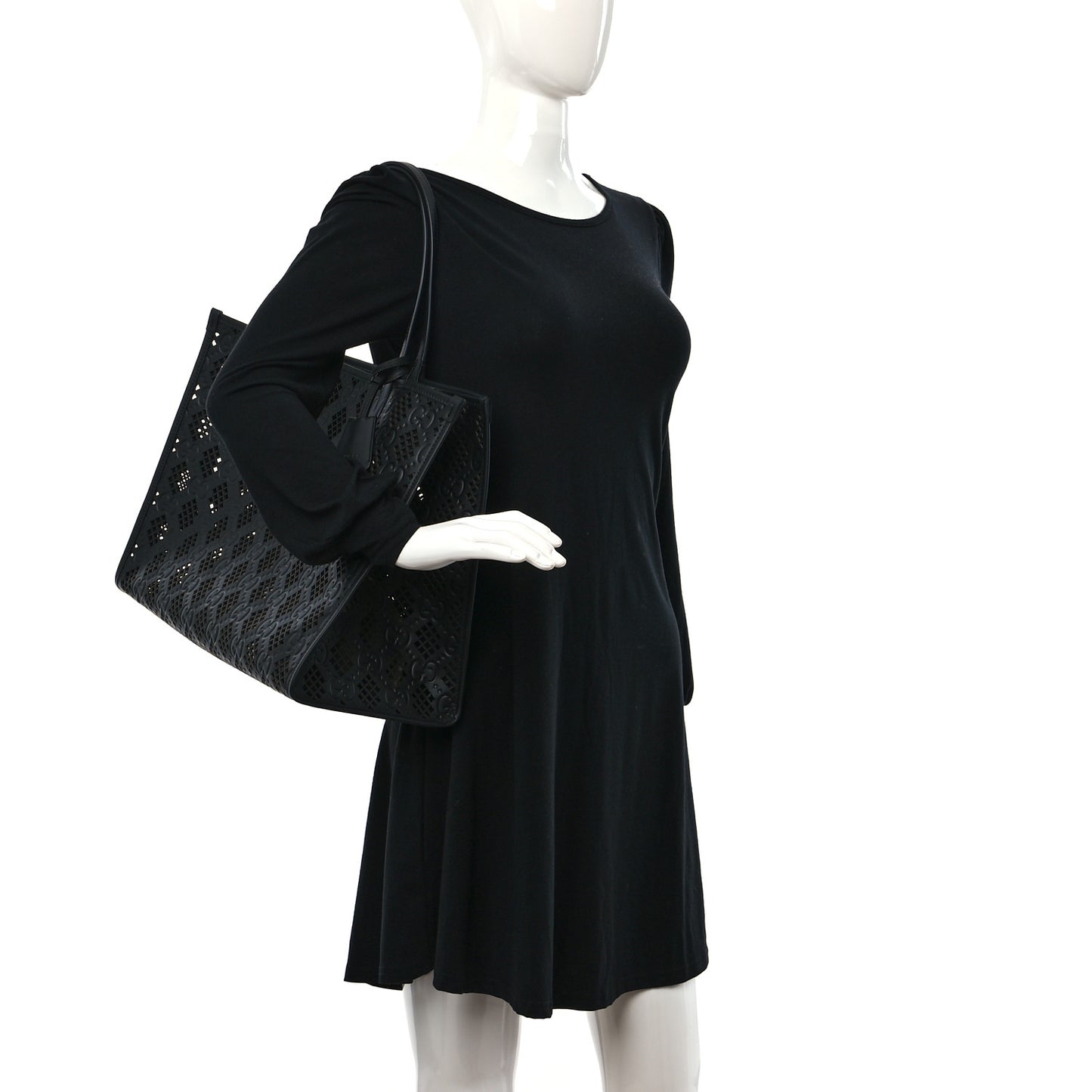 Calfskin GG Monogram Diamond Cut Medium Ophidia Tote Bag Black