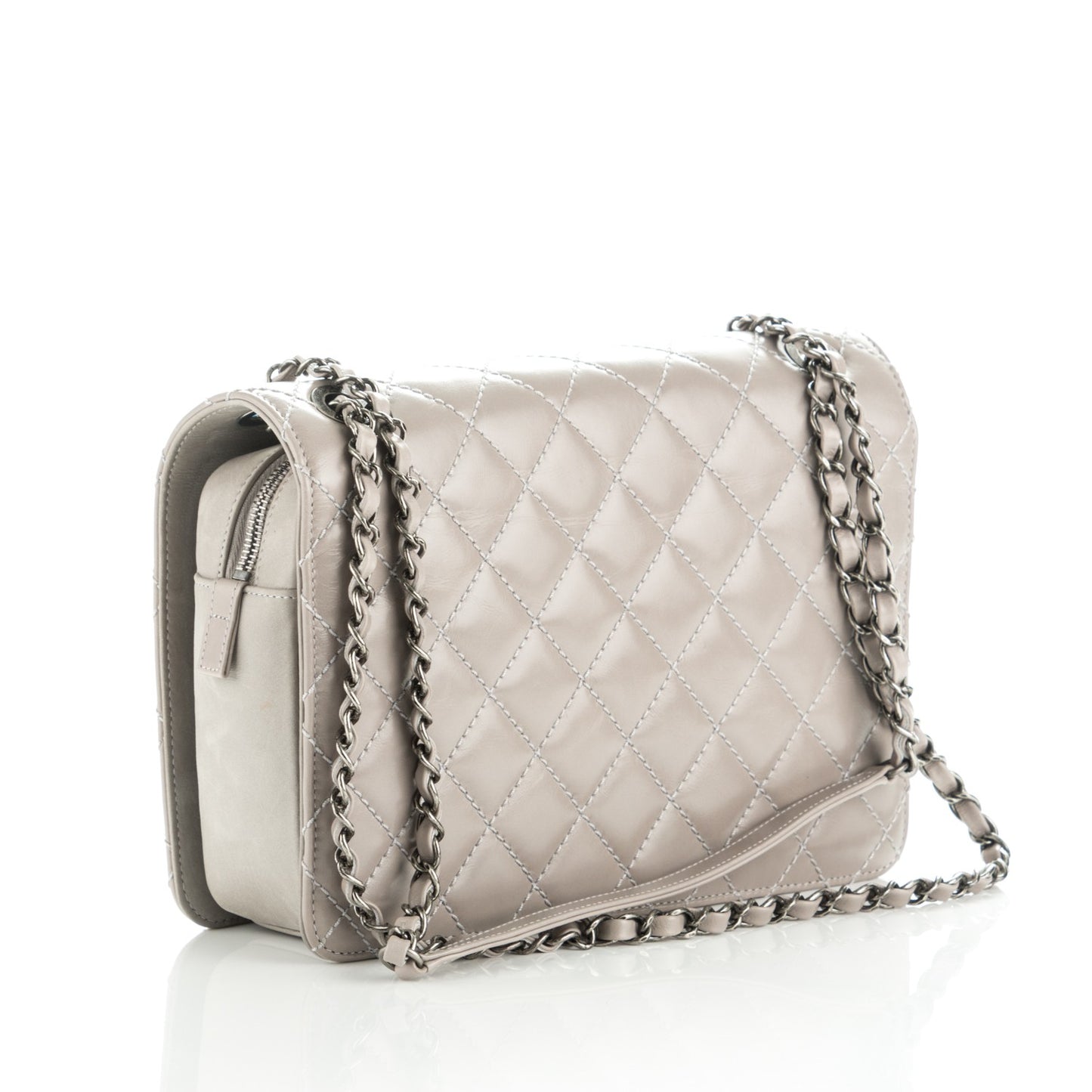 Glazed Calfskin Quilted Medium Day Trip Flap Grey