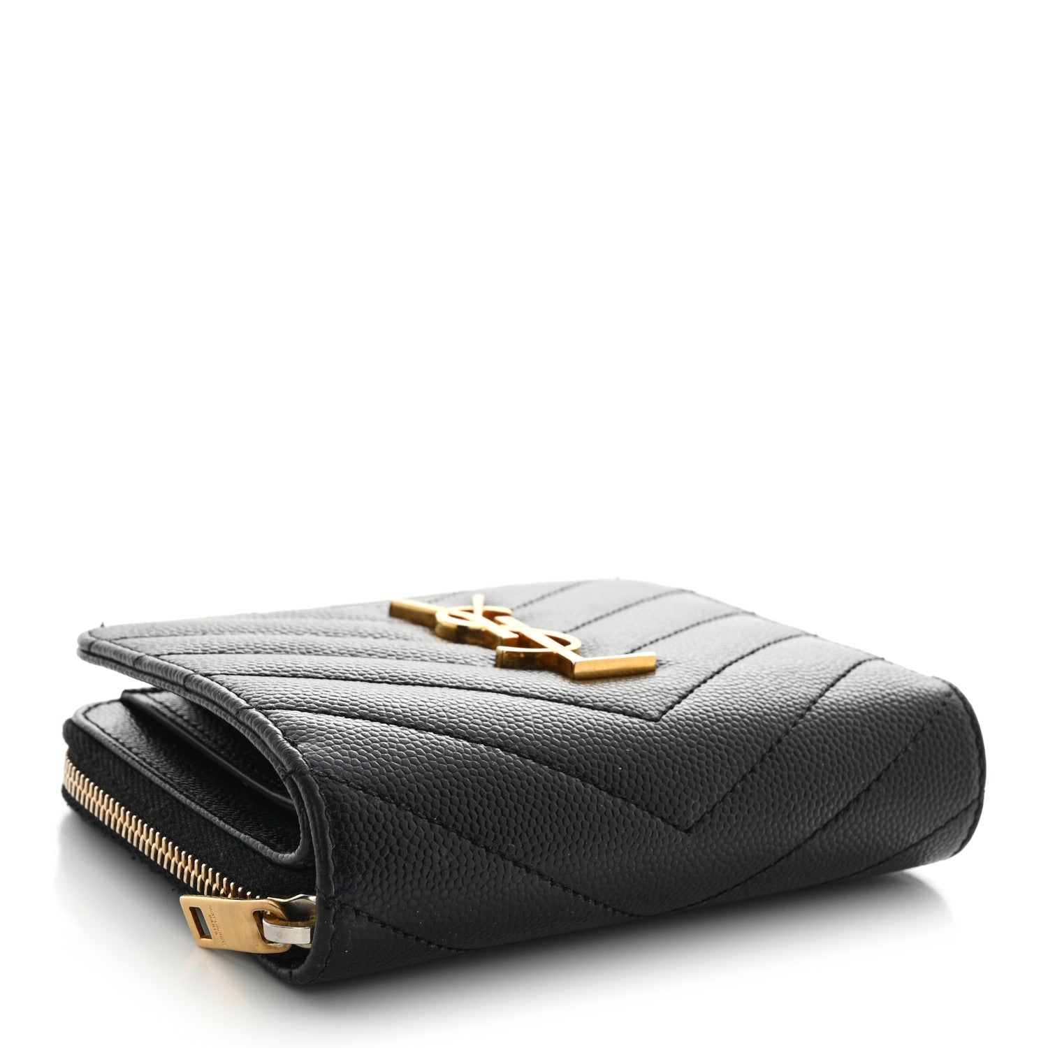 Saint Laurent Grain De Poudre Matelasse Chevron Monogram Compact Zip Around Wallet Black 4 of 14
