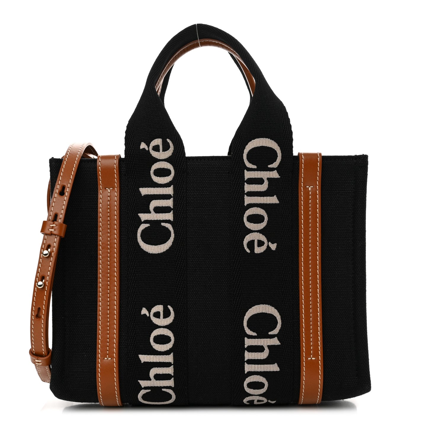 Linen Calfskin Small Woody Ribbon Tote With Strap Black