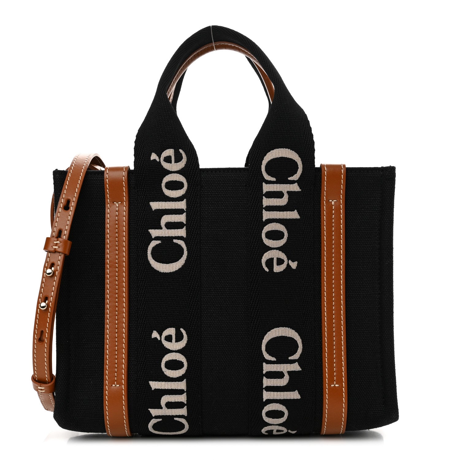 Chloe Linen Calfskin Small Woody Ribbon Tote With Strap Black 1 of 9