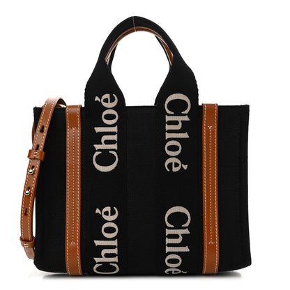Chloe Linen Calfskin Small Woody Ribbon Tote With Strap Black 1 of 9
