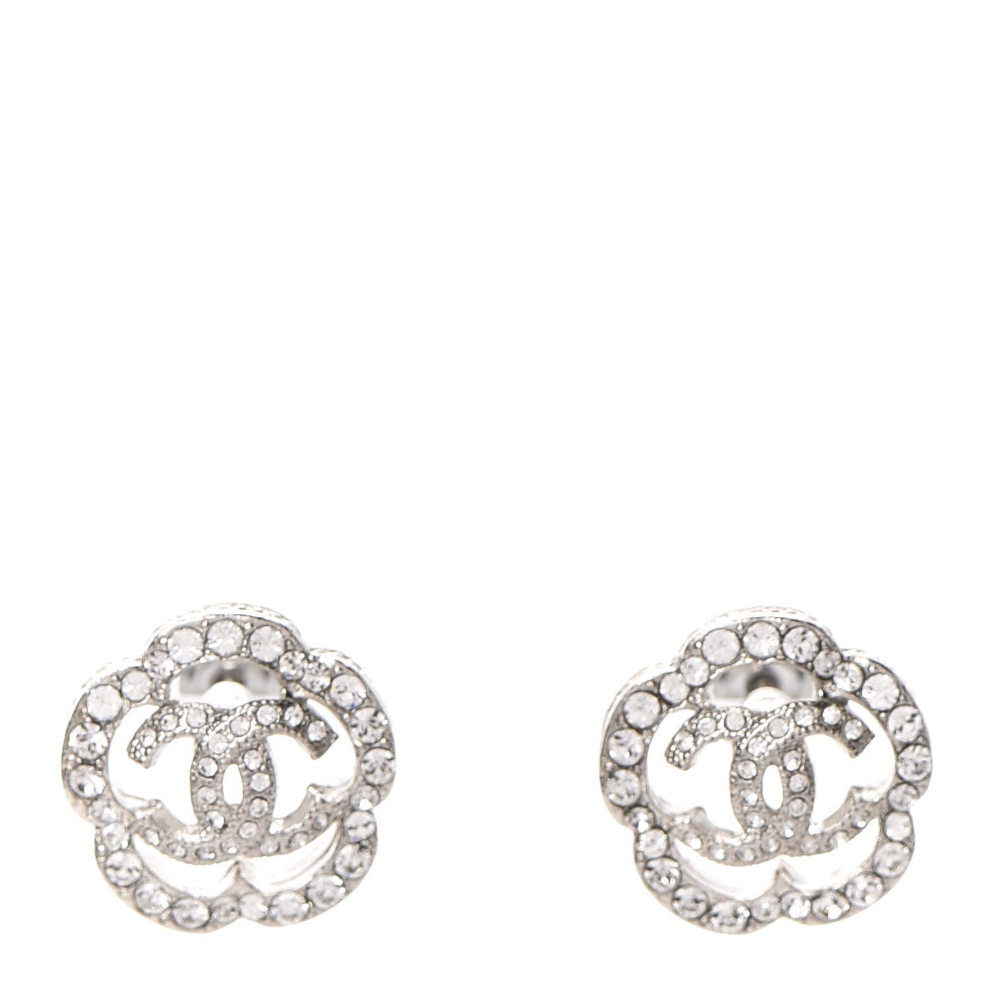 Crystal Coco Flapper Camellia CC Stud Earrings Silver