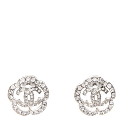 Chanel Crystal Coco Flapper Camellia CC Stud Earrings Silver 1 of 5