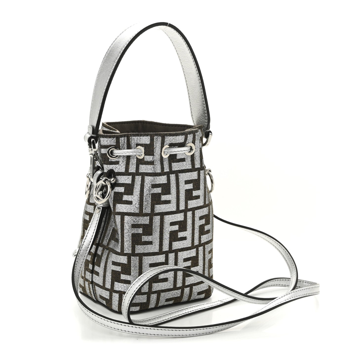 Vitello Catalan Mirror Canvas Fabric Jacquard FF 1974 Mini Mon Tresor Bucket Bag Ebano Argento