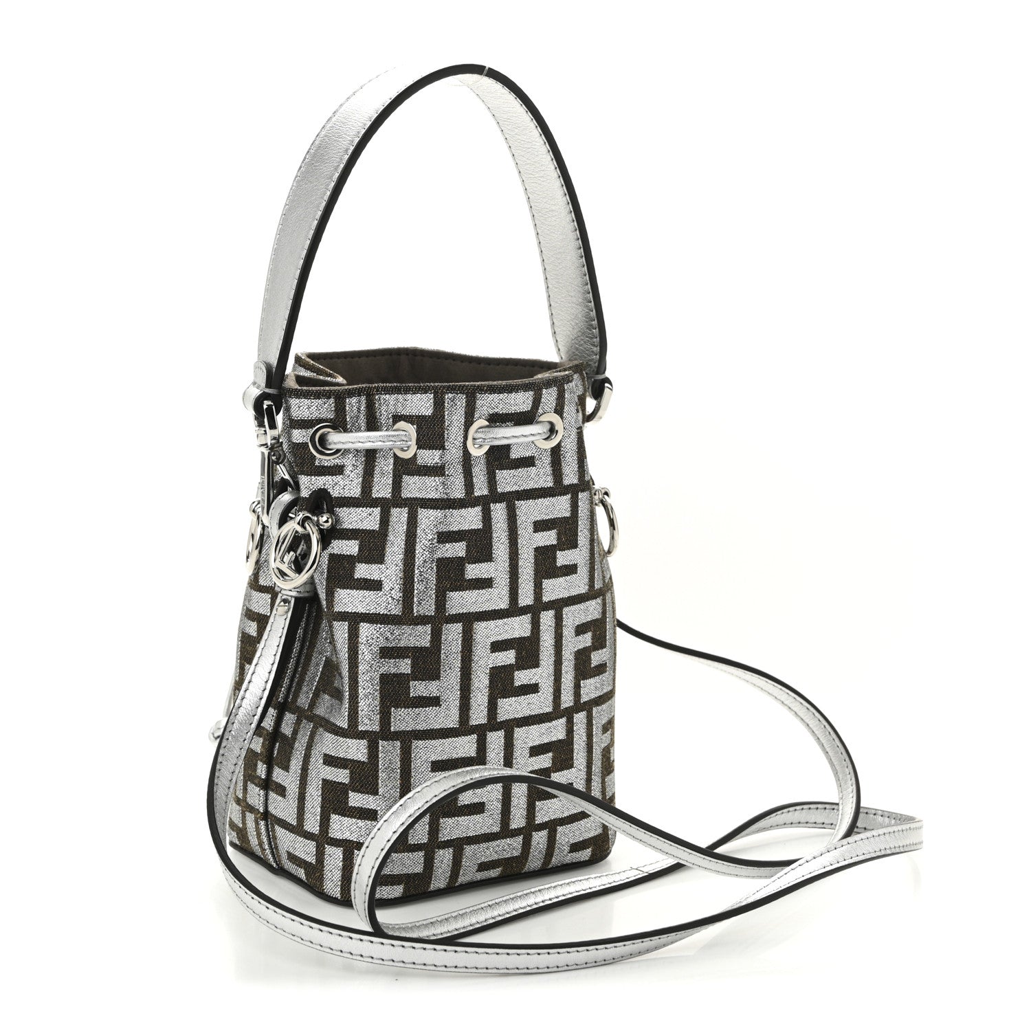 Fendi Vitello Catalan Mirror Canvas Fabric Jacquard FF 1974 Mini Mon Tresor Bucket Bag Ebano Argento 3 of 10