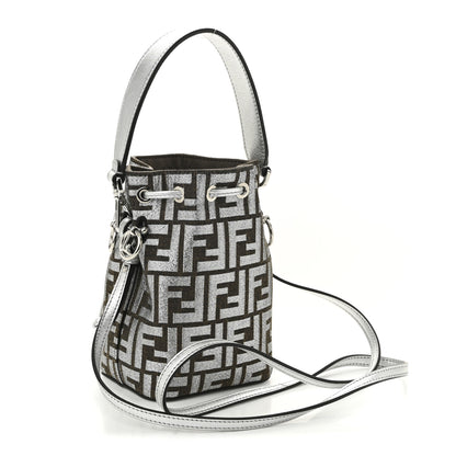 Fendi Vitello Catalan Mirror Canvas Fabric Jacquard FF 1974 Mini Mon Tresor Bucket Bag Ebano Argento 3 of 10