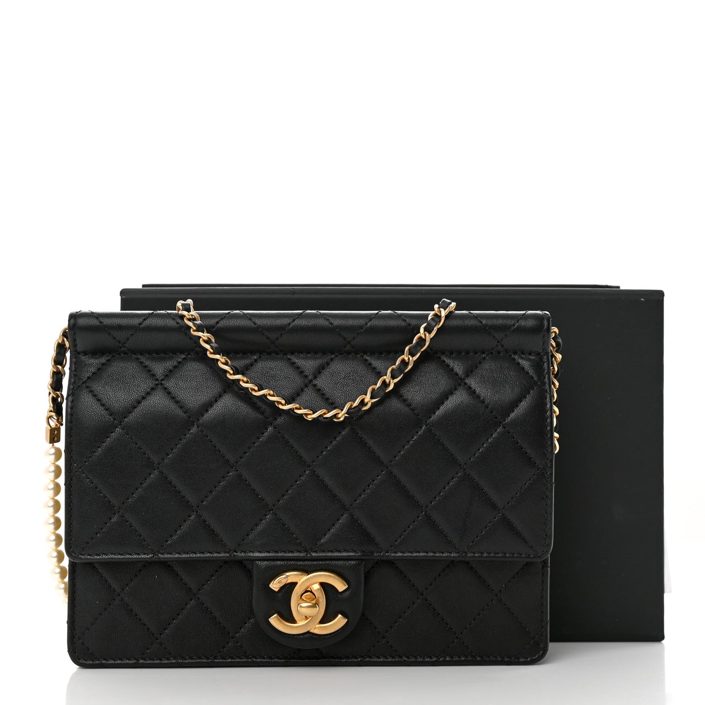 Lambskin Quilted Large Pearl Chain Flap Bag Black