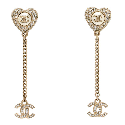 Chanel Pearl Crystal CC Heart Drop Earrings Gold White 1 of 4