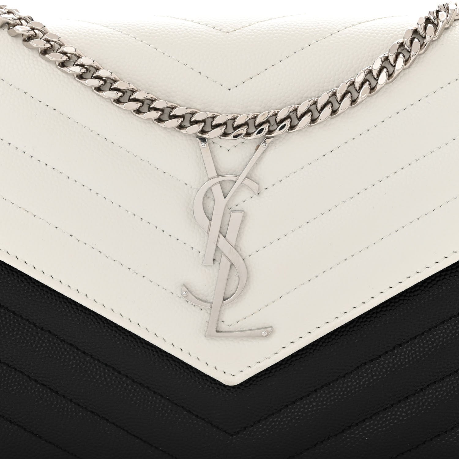 Saint Laurent Grain De Poudre Matelasse Chevron Bi-Color Monogram Chain Wallet White Black 8 of 11