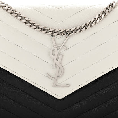 Saint Laurent Grain De Poudre Matelasse Chevron Bi-Color Monogram Chain Wallet White Black 8 of 11
