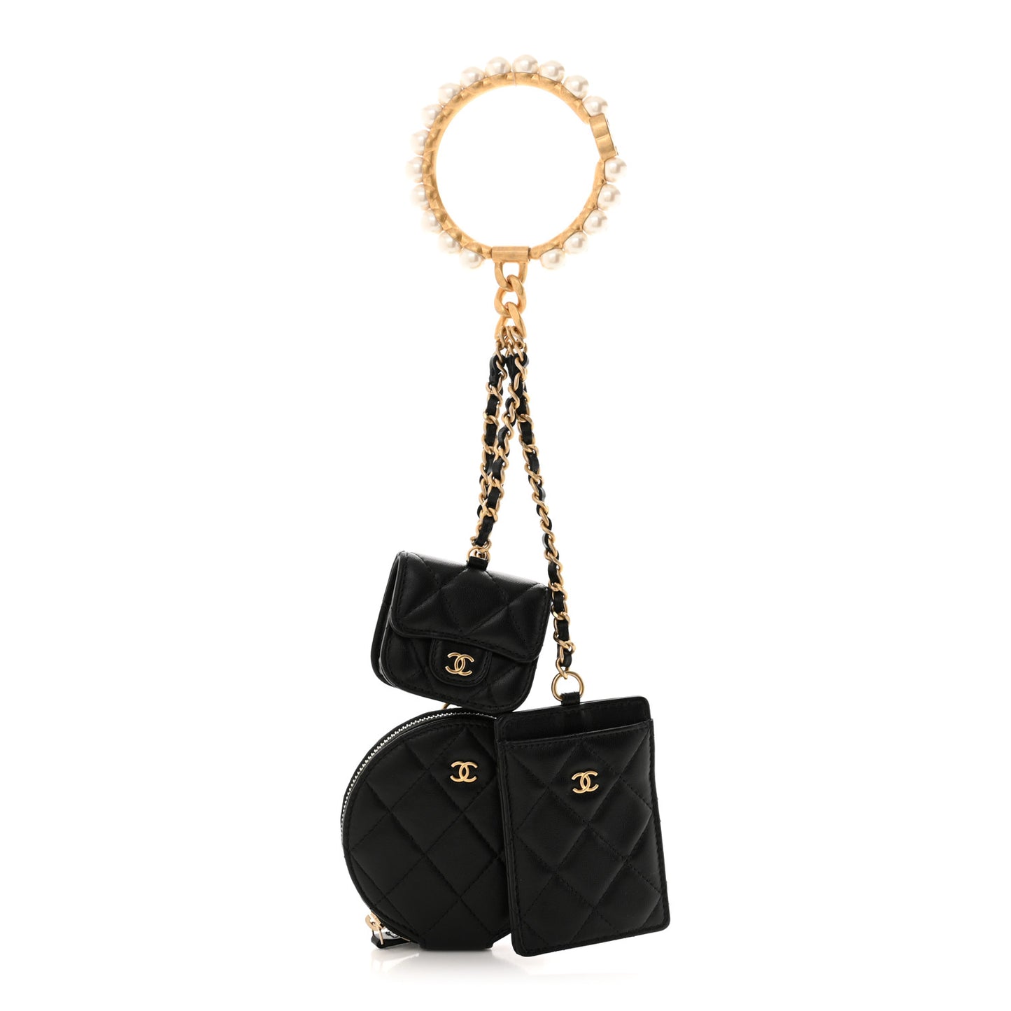 Pearl Lambskin Pearl Crown CC Wristlet Multi Pouches Black