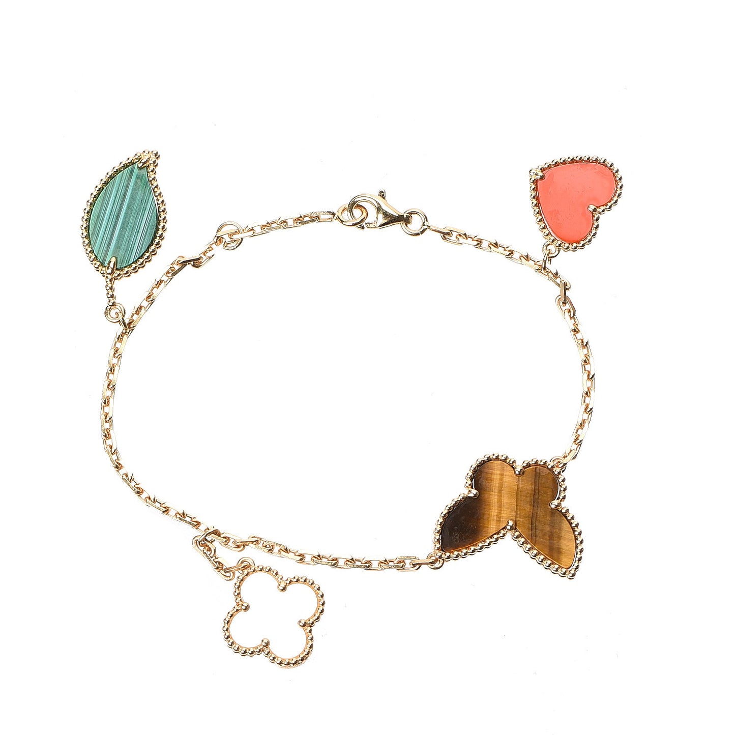 18K Yellow Gold Mother of Pearl Malachite Carnelian Tiger Eye 4 Motifs Lucky Alhambra Bracelet