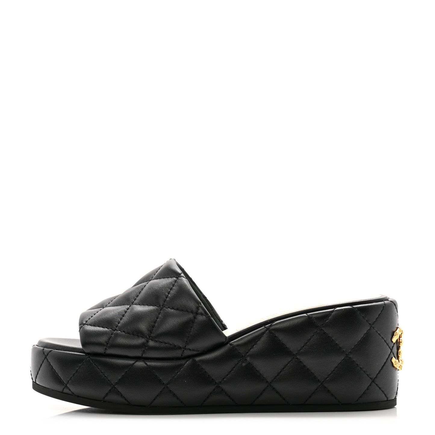 Lambskin Quilted Camelia CC Wedge Sandal Mules 38 Black