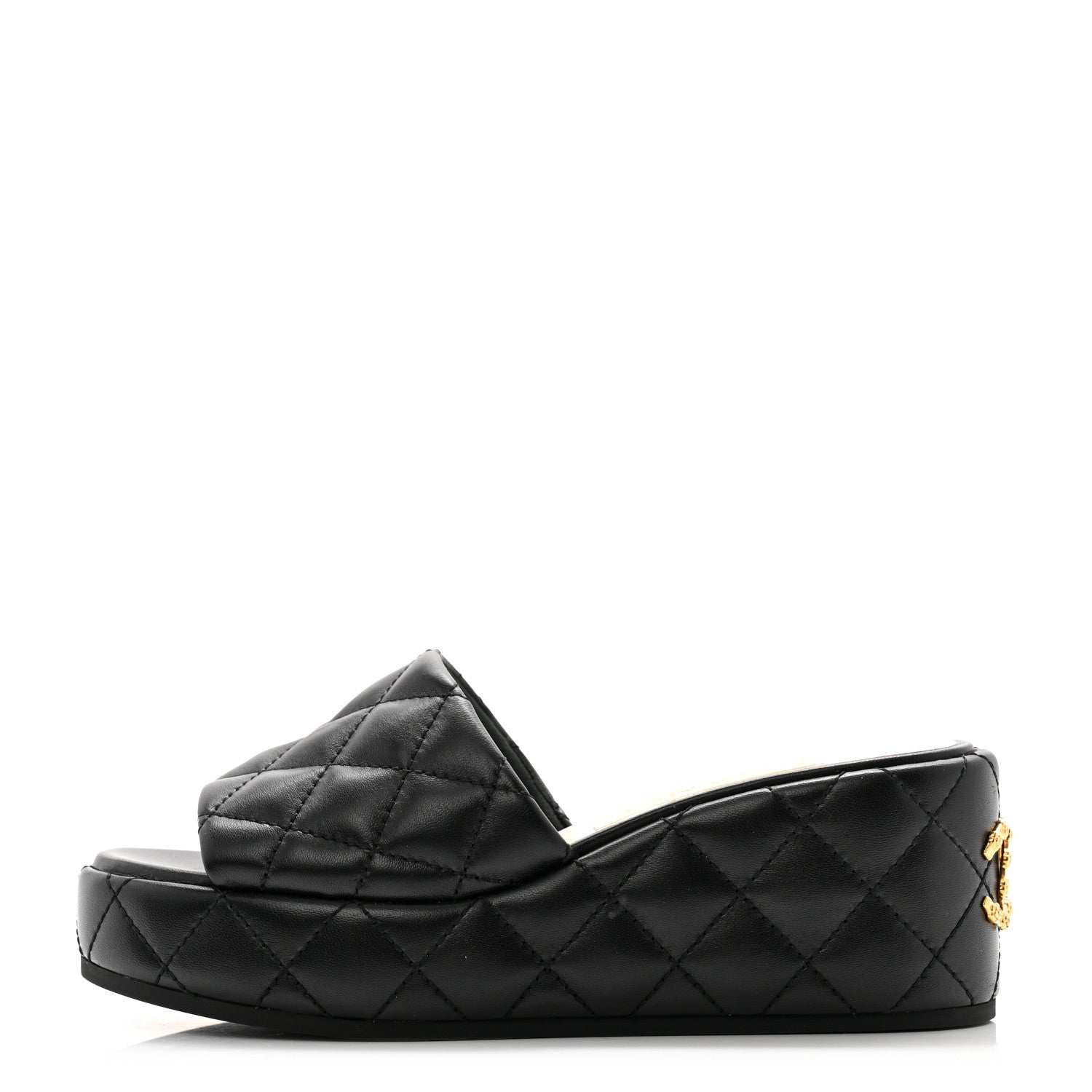 Chanel Lambskin Quilted Camelia CC Wedge Sandal Mules 38 Black 1 of 11