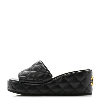 Chanel Lambskin Quilted Camelia CC Wedge Sandal Mules 38 Black 1 of 11