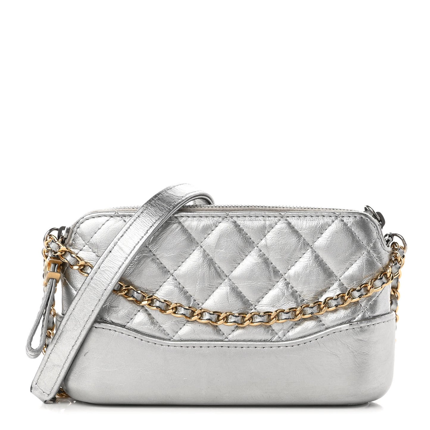 Metallic Lambskin Calfskin Quilted Small Gabrielle Clutch With Chain Silver