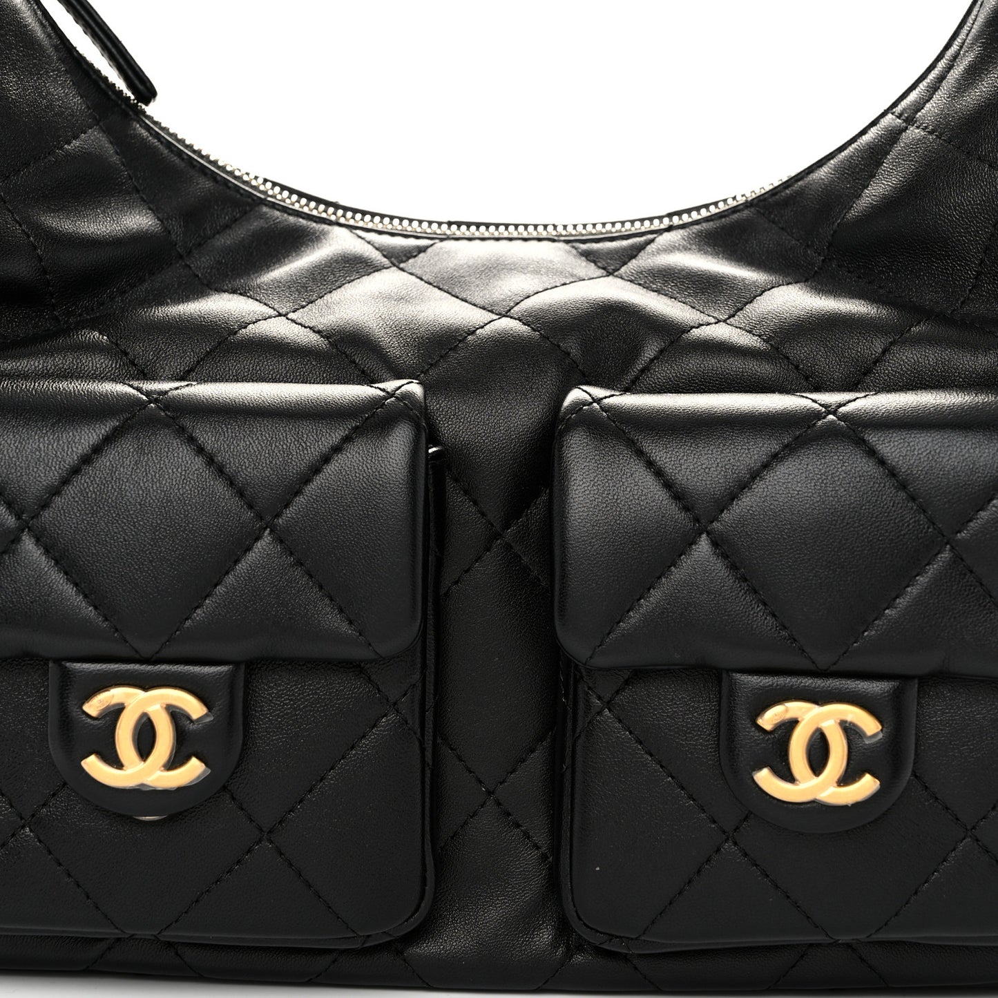 Shiny Lambskin Quilted Large Trendy Pockets Hobo Black