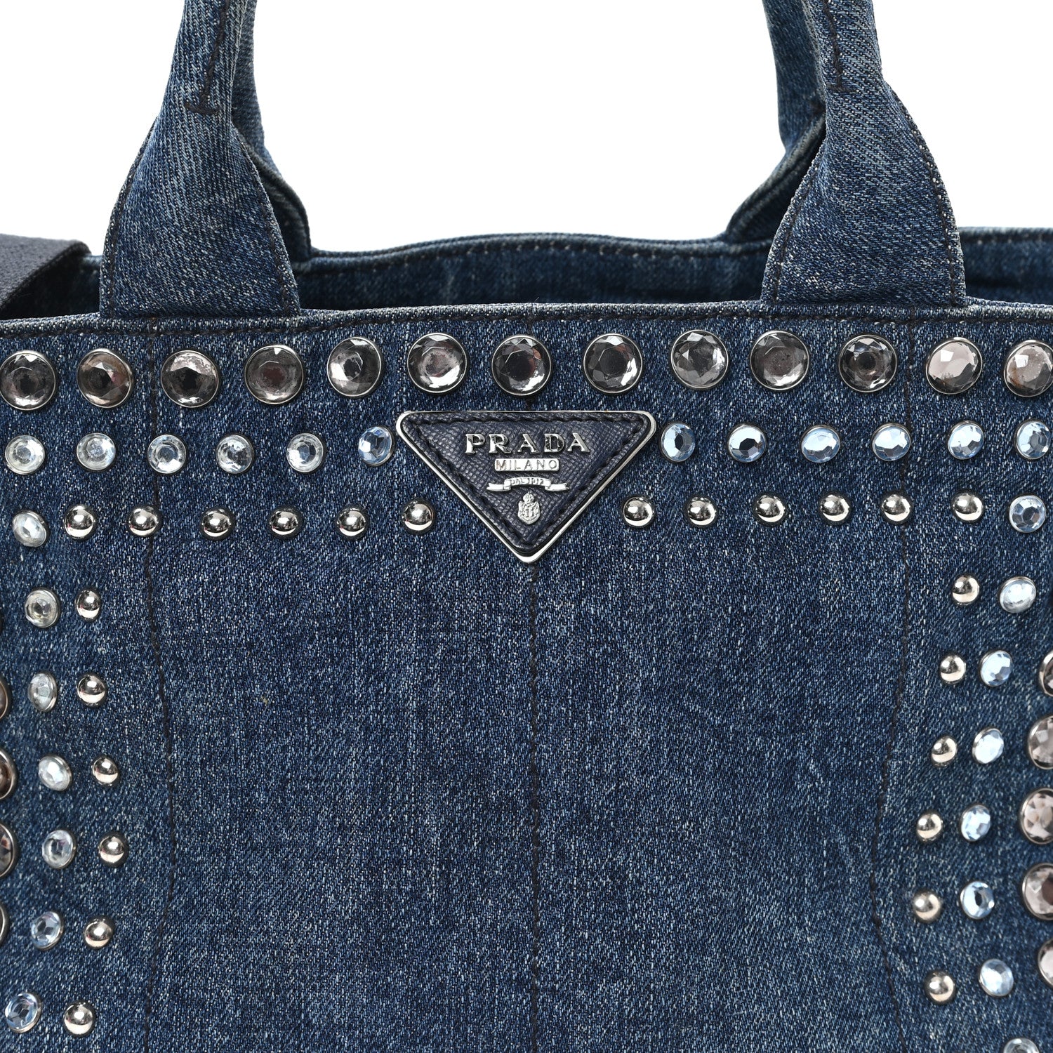 Prada Canapa Denim Crystal Studded Tote Blue 8 of 11