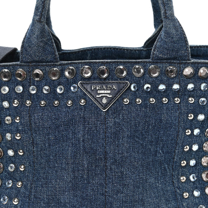 Prada Canapa Denim Crystal Studded Tote Blue 8 of 11