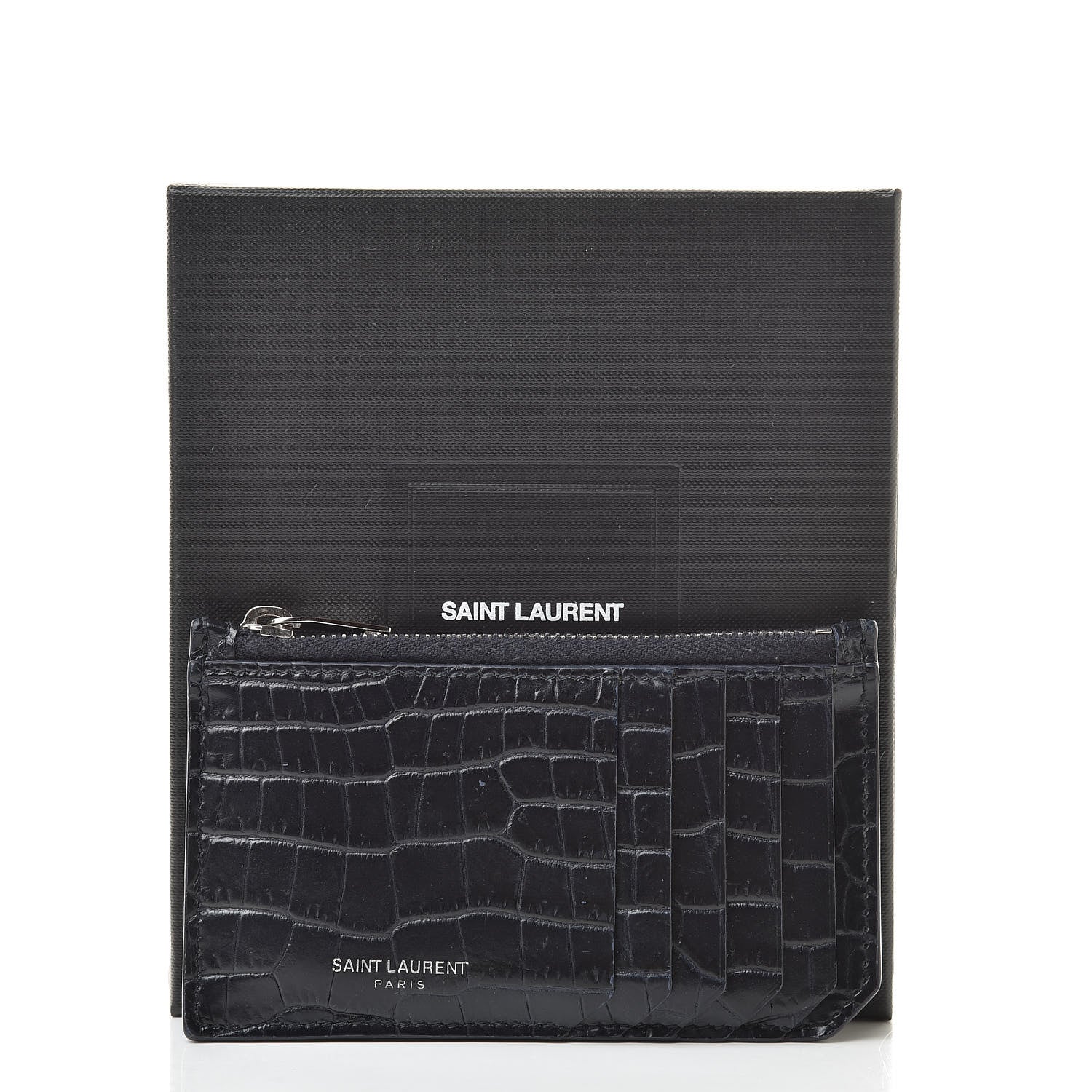 Saint Laurent Calfskin Crocodile Embossed 5 Fragments Zip Pouch Card Holder Blue Marine 11 of 11